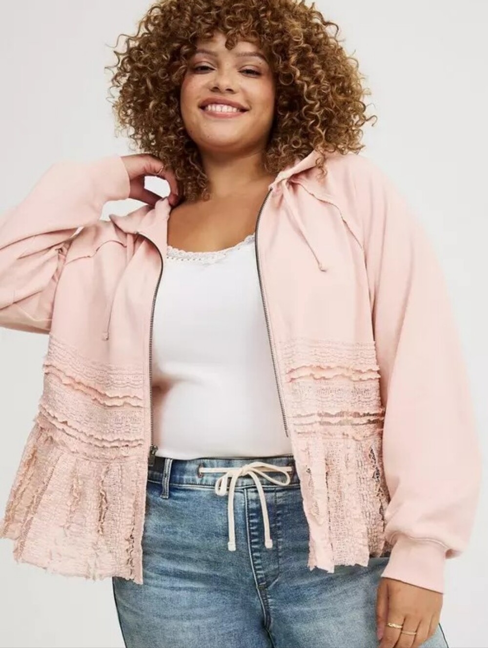 Torrid Women's Neutral Pink Blush Lace Trim Full Zip Oversized Hoodie 2X Nwt